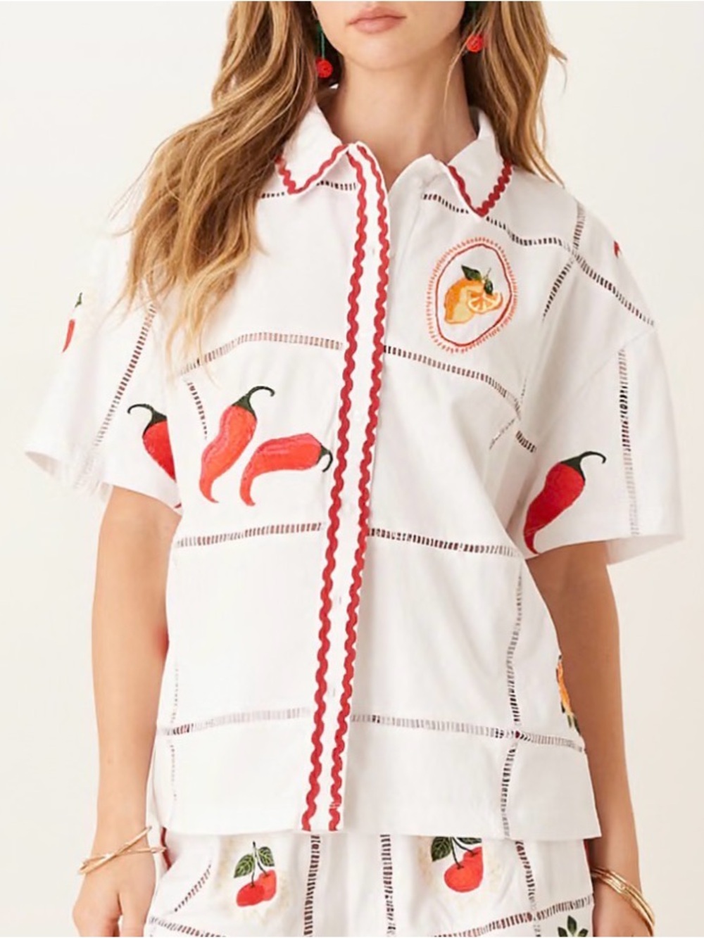 ASOS Design Ricrac Shirt Button-Down Shirt Red Chili Summer Embroidery M
